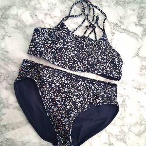 Athleta Girls Bikini Set & Extra Bottom Navy and White Polka Dot  Size XL